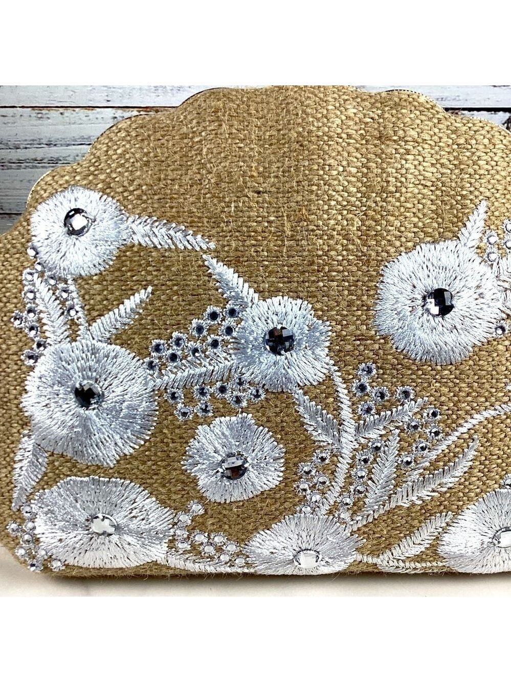 Haute Hippie Beach bag Tan Gold Floral Clutch Wristlet rhinestones embroidered - Picture 7 of 11